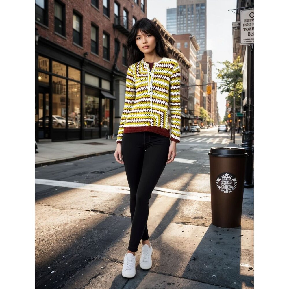 Granny Core Striped Boho Crochet‎ Lace-Up Neck Yellow/White/Brown Small Sweater